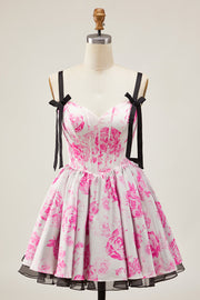 Fuchsia A Line Spaghetti Straps Corset Floral Short Homecoming Dress with Bow