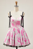 Fuchsia A Line Spaghetti Straps Corset Floral Short Homecoming Dress with Bow