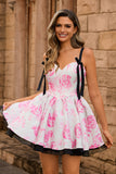 White Fuchsia Floral A Line Corset Short Homecoming Dress with Bow