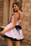 Fuchsia A Line Spaghetti Straps Corset Floral Short Homecoming Dress with Bow