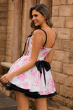 White Fuchsia Floral A Line Corset Short Homecoming Dress with Bow
