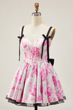 Fuchsia A Line Spaghetti Straps Corset Floral Short Homecoming Dress with Bow