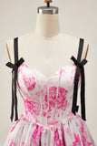 Fuchsia A Line Spaghetti Straps Corset Floral Short Homecoming Dress with Bow