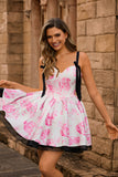 White Fuchsia Floral A Line Corset Short Homecoming Dress with Bow
