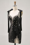 Sparkly Black Bodycon Spaghetti Straps Rhinestones Short Homecoming Dress with Slit