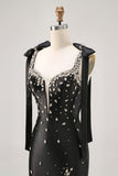 Sparkly Black Bodycon Spaghetti Straps Rhinestones Short Homecoming Dress with Slit