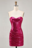 Sparkly Strapless Ruched Sequins Fuchsia Homecoming Dress