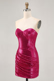 Sparkly Strapless Ruched Sequins Fuchsia Homecoming Dress