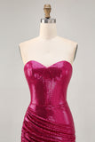 Sparkly Strapless Ruched Sequins Fuchsia Homecoming Dress