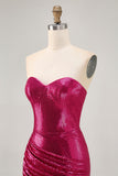 Sparkly Strapless Ruched Sequins Fuchsia Homecoming Dress