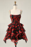 A Line Cowl Neck Corset Tiered Black Red Short Homecoming Dress