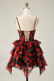 A Line Cowl Neck Corset Tiered Black Red Short Homecoming Dress