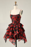 A Line Cowl Neck Corset Tiered Black Red Short Homecoming Dress