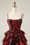 A Line Cowl Neck Corset Tiered Black Red Short Homecoming Dress