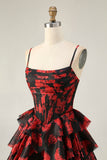 A Line Cowl Neck Corset Tiered Black Red Short Homecoming Dress