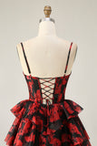 A Line Cowl Neck Corset Tiered Black Red Short Homecoming Dress