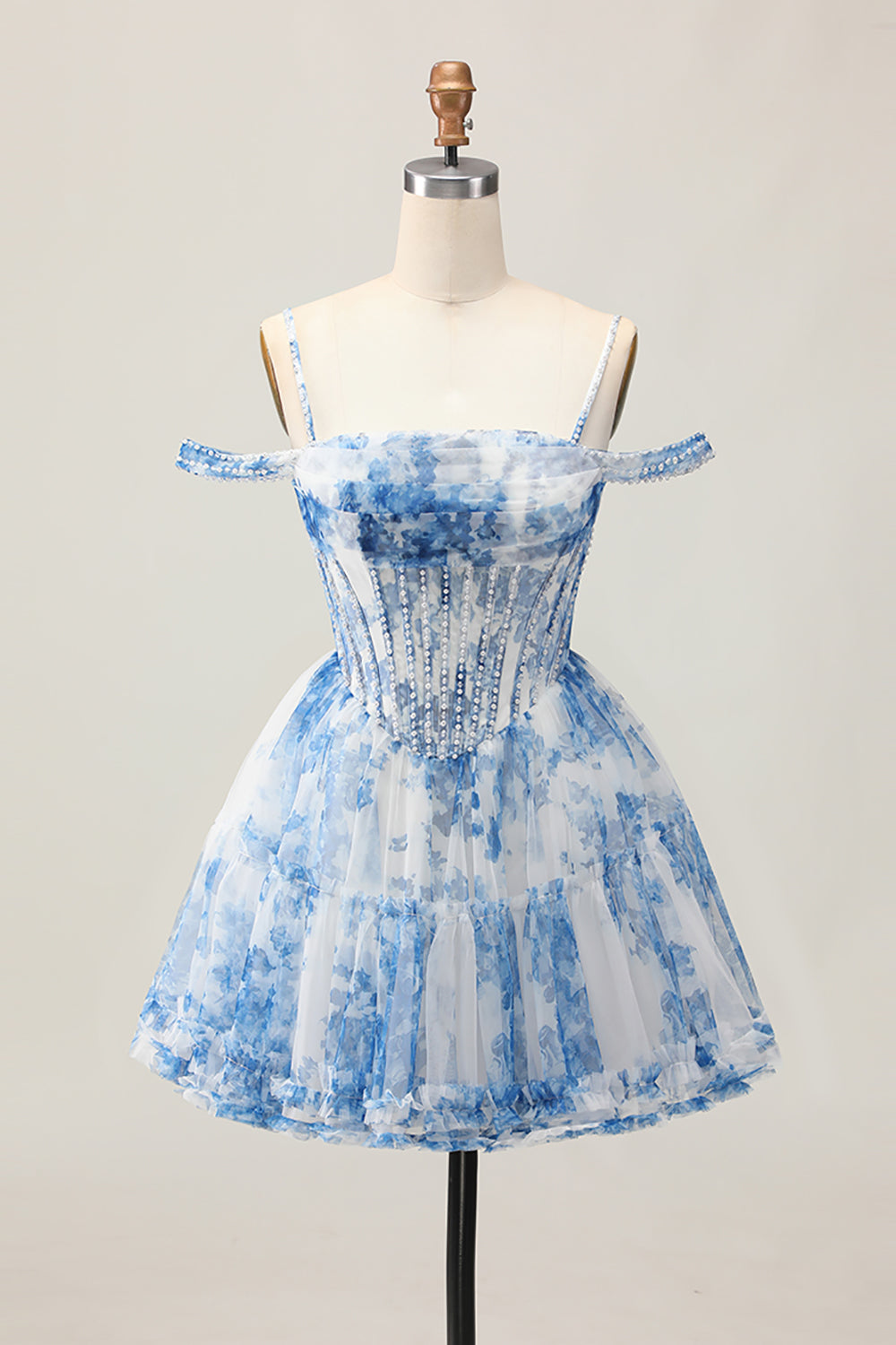 white homecoming dress with blue flowers Zapaka Women Sparkly White Blue Flower Homecoming Dress Corset Tiered Printed Strapless Sequins A Line Short Prom Dress, White Blue Flower / US16