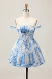 White Blue Flower A-Line Cold Shoulder Printed Beaded Homecoming Dress