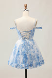 White Blue Flower A-Line Cold Shoulder Printed Beaded Homecoming Dress