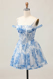 White Blue Flower A-Line Cold Shoulder Printed Beaded Homecoming Dress