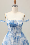 White Blue Flower A-Line Cold Shoulder Printed Beaded Homecoming Dress