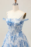 White Blue Flower A-Line Cold Shoulder Printed Beaded Homecoming Dress
