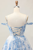 White Blue Flower A-Line Cold Shoulder Printed Beaded Homecoming Dress