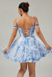 White Blue Flower A-Line Cold Shoulder Printed Beaded Homecoming Dress