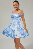 White Blue Flower A-Line Cold Shoulder Printed Beaded Homecoming Dress