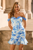 White Blue Floral Off The Shoulder Corset Short Homecoming Dress