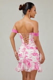 White Fuchsia Flower Off The Shoulder Printed Short Homecoming Dress