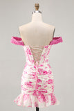 White Fuchsia Flower Off The Shoulder Printed Short Homecoming Dress