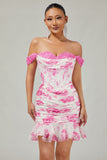White Fuchsia Flower Off The Shoulder Printed Short Homecoming Dress