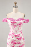 White Fuchsia Flower Off The Shoulder Printed Short Homecoming Dress