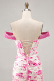 White Fuchsia Flower Off The Shoulder Printed Short Homecoming Dress