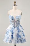 White Blue Flower A Line Corset Beaded Tiered Homecoming Dress