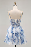 White Blue Flower A Line Corset Beaded Tiered Homecoming Dress