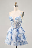 White Blue Flower A Line Corset Beaded Tiered Homecoming Dress