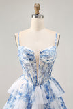White Blue Flower A Line Corset Beaded Tiered Homecoming Dress