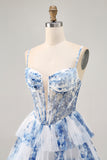 White Blue Flower A Line Corset Beaded Tiered Homecoming Dress