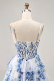 White Blue Flower A Line Corset Beaded Tiered Homecoming Dress