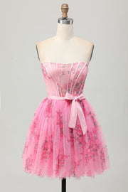 Pink Flower Strapless Corset A Line Short Homecoming Dress