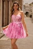 A Line Pink Flower Strapless Printed Corset Short Homecoming Dress