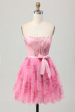 A Line Pink Flower Strapless Printed Corset Short Homecoming Dress