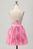 A Line Pink Flower Strapless Printed Corset Short Homecoming Dress