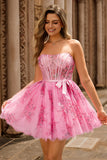 A Line Pink Flower Strapless Printed Corset Short Homecoming Dress