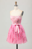 Pink Flower Strapless Corset A Line Short Homecoming Dress