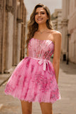 A Line Pink Flower Strapless Printed Corset Short Homecoming Dress