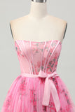 Pink Flower Strapless Corset A Line Short Homecoming Dress