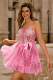 A Line Pink Flower Strapless Printed Corset Short Homecoming Dress